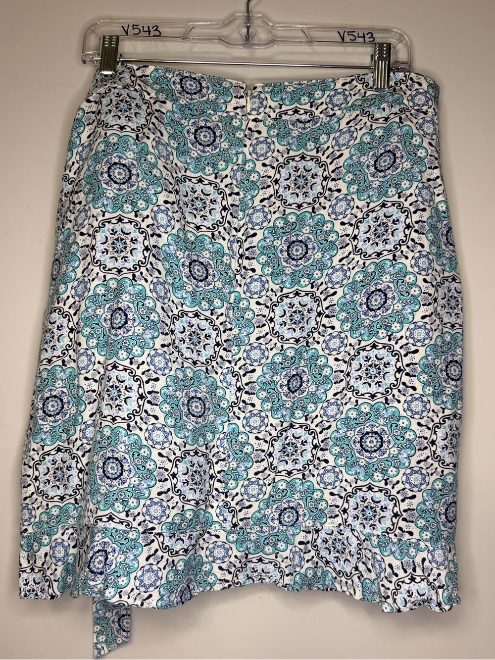 LOFT Teal and Blue Floral Medallion Linen Blend Ruffle Wrap Skirt Women Size 14 - Picture 3 of 7